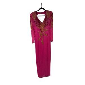 Sho Max Originals Vintage Fuchsia Beaded 100% Silk Cocktail Dress Statement Rare